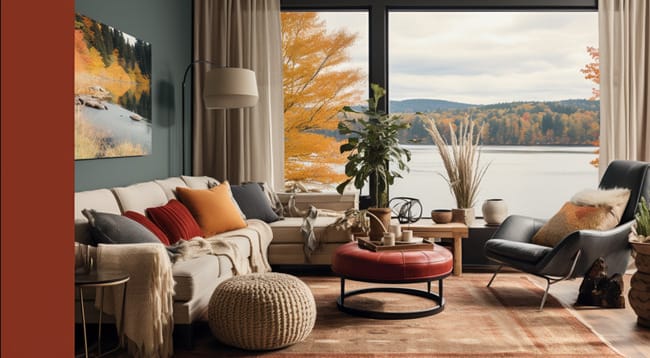 A Cozy Living Room with a Large Window and Picturesque Landscape