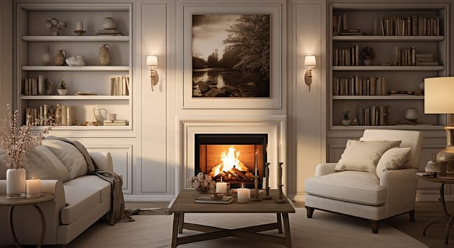 A Serene Living Room with a Timeless Fireplace