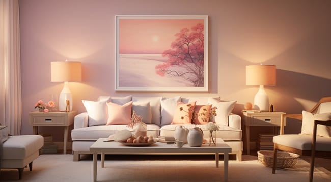 Serene Ambiance of a Living Room with Soft Pastel Hues