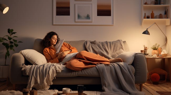 Woman Relaxing on a Sofa with Weighted Blanket