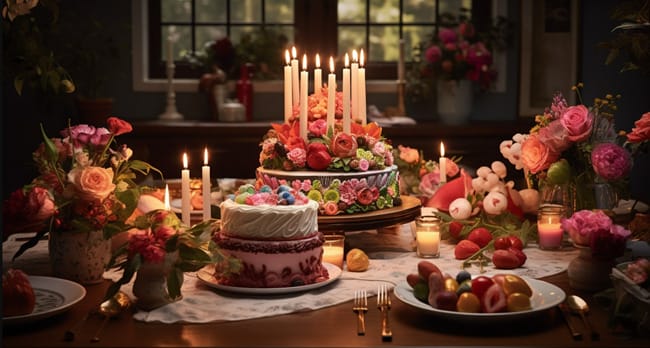 A Dining Table Adorned with Flickering Candles and a Personalized Birthday Cake
