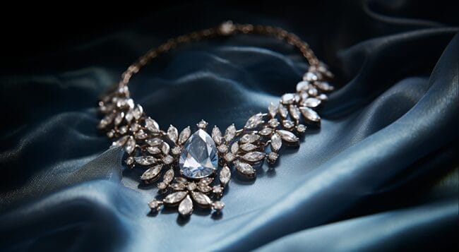 A Glistening Diamond Necklace Draped over a Plush Velvet Background