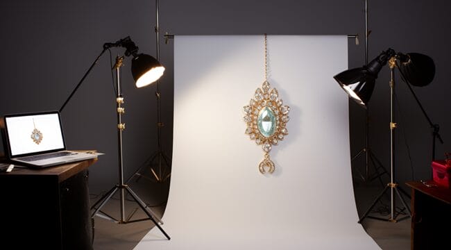 A Jewelry Photoshoot Setup with Softbox Reflector Tripod-Mounted DSLR and Macro Lens