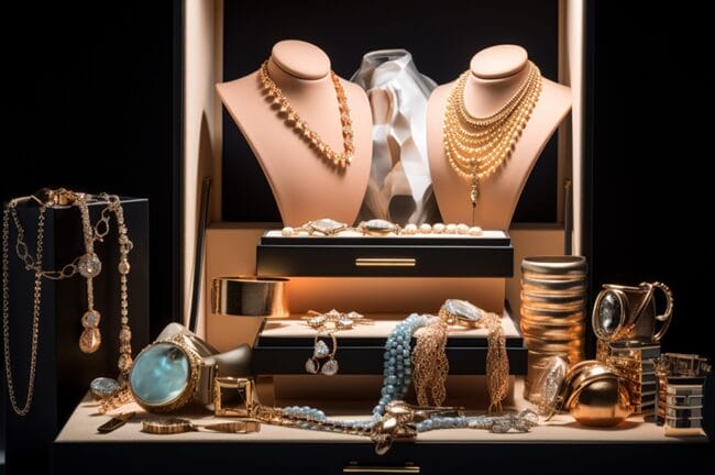 A Variety of Jewelry Pieces Arranged Inside a Professional Grade Light Box