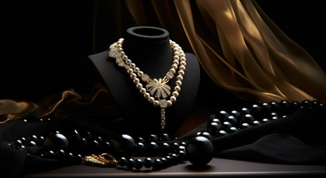 A Well-Lit Jewelry Composition with a Sleek Black Velvet Backdrop