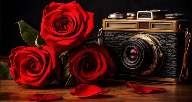 Rose Placed Beside a Vintage Camera Symbolizing Passion and Nostalgia