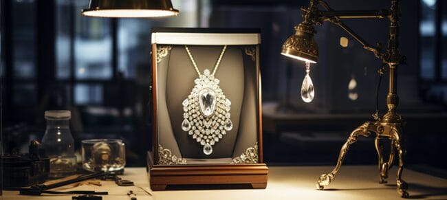 Sparkling Piece of Jewelry Stands on a Reflective Surface Surrounded by Diffused Light