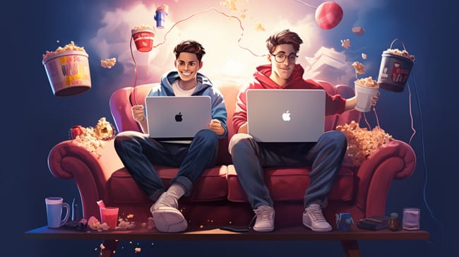 Two Friends Cozily Seated on a Virtual Movie or Gaming Night