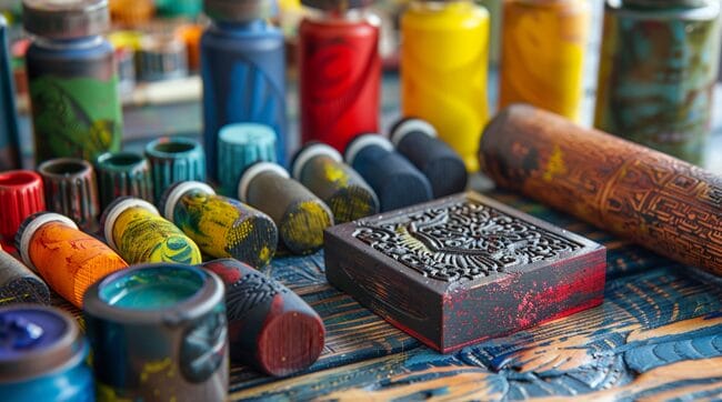 Colorful Tubes of Ink with Linoleum Block