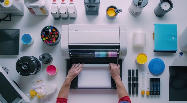 A Person Confidently Troubleshooting a DTF Printer Surrounded by Color Inks and Transfer Films