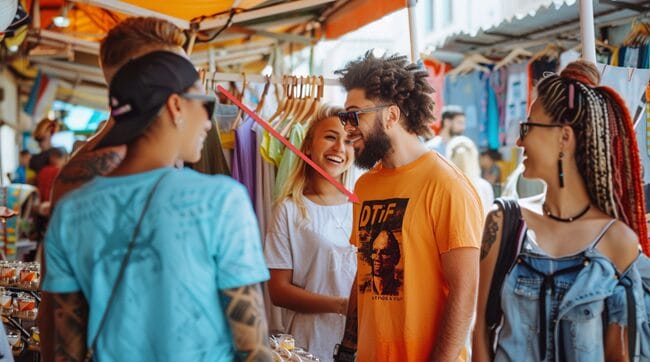 DTF Printed T Shirt Being Admired by a Group of People at a Local Market