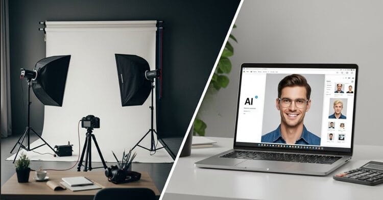 Cost comparison between traditional photographer studio setup and AI headshot software on laptop with calculator