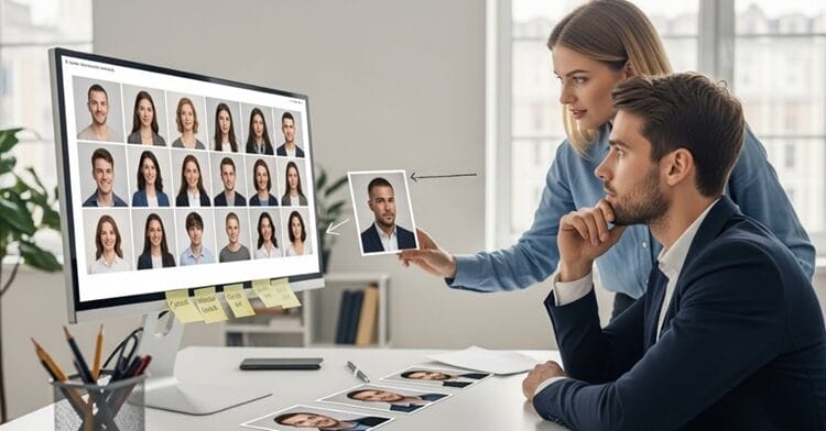 HR professional comparing AI-generated LinkedIn headshots to traditional photos on a monitor, evaluating quality, cost, and realism