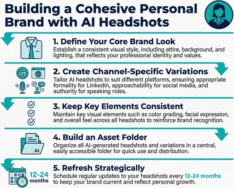 Infographic showing 5 steps to build a cohesive personal brand with AI headshots