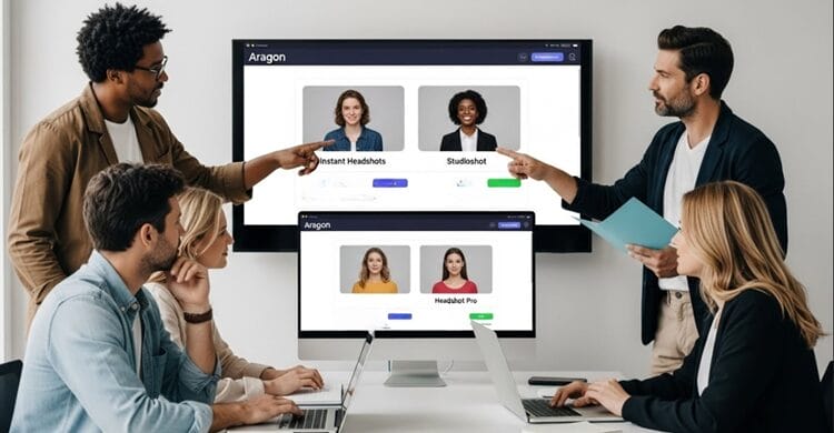 Team of professionals comparing Aragon vs Instant Headshots, Studioshot, and Headshot Pro AI headshot tools on a large office screen