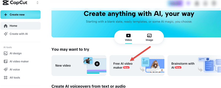 CapCut's AI Video Maker easily seen on Interface