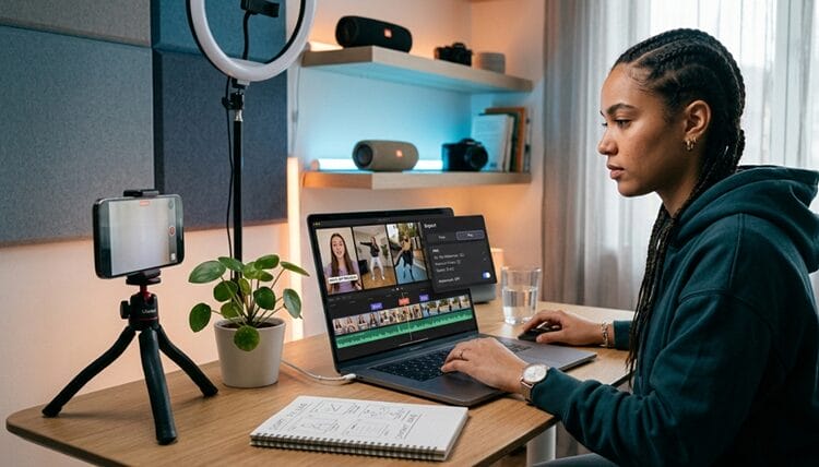 Creator edits TikTok, Reels in CapCut AI, comparing free vs Pro export options with watermark removal on a laptop in a home studio.