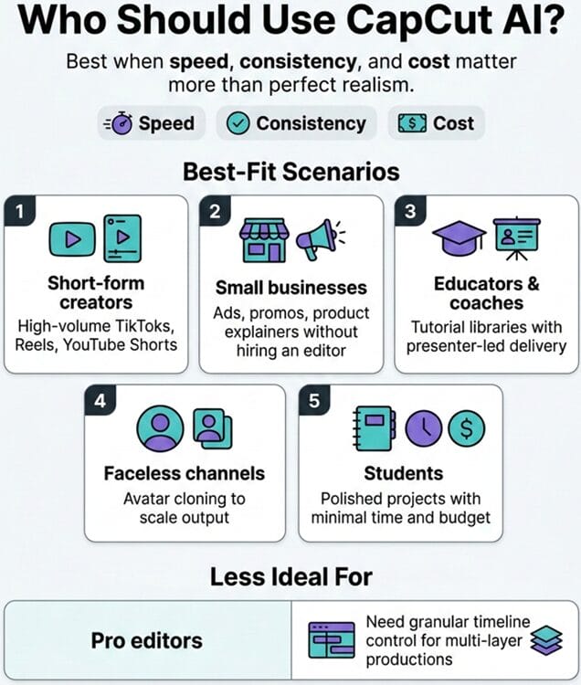 Infographic illustrating who should use CapCut AI